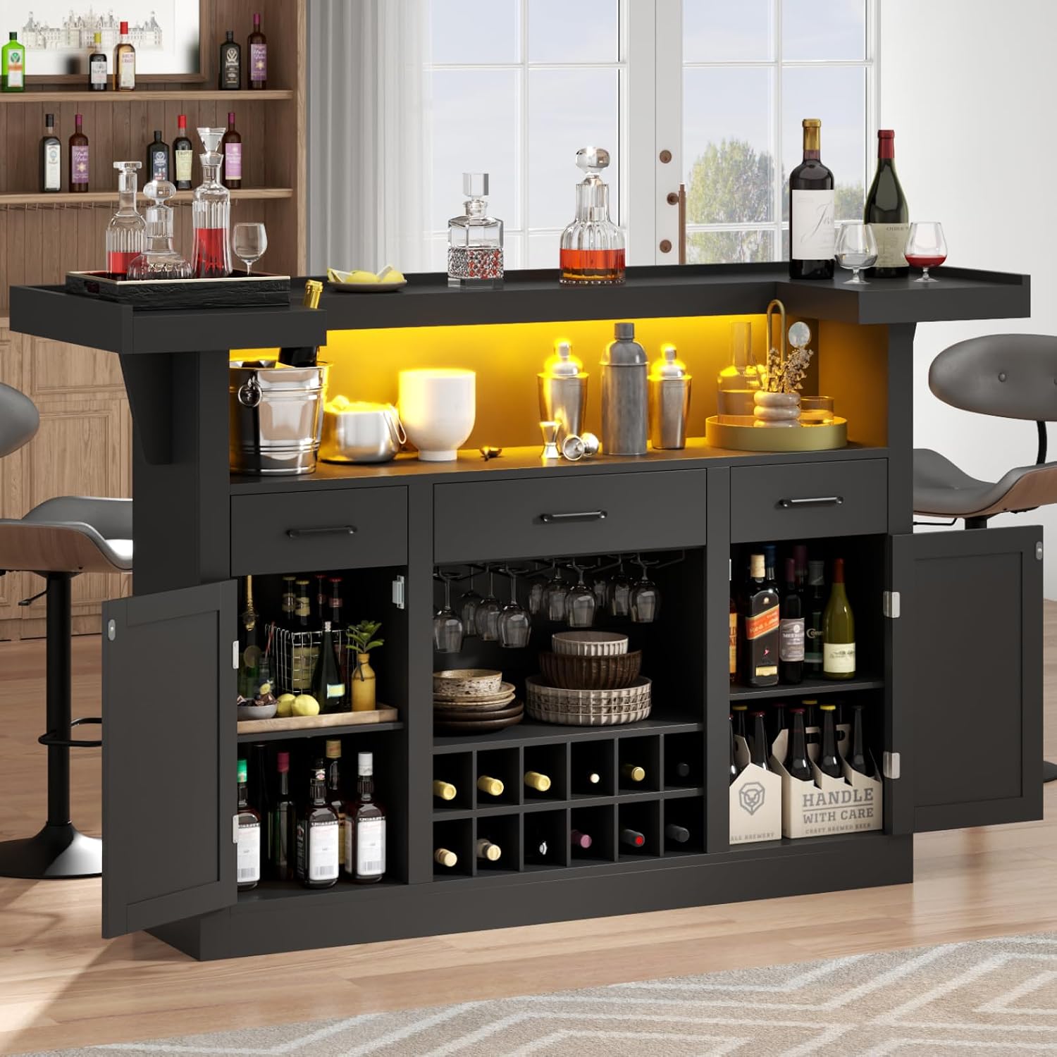 Home Bar Shelves - 71-in Bar Cabinet with LED &